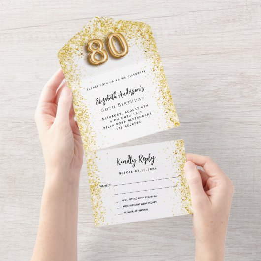 80ste verjaardag witgouden feest RSVP All In One Uitnodiging (Afscheurbaar)
