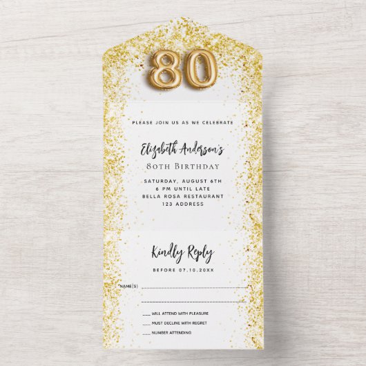 80ste verjaardag witgouden feest RSVP All In One Uitnodiging (Binnen)