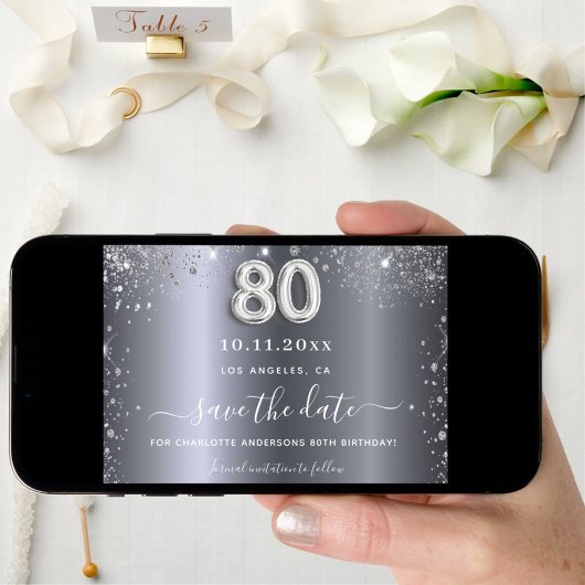 80ste verjaardag zilveren glitters elegant save the date