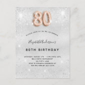 80ste verjaardag zilveren metaal roze goud glitter uitnodiging briefkaart (Voorkant)