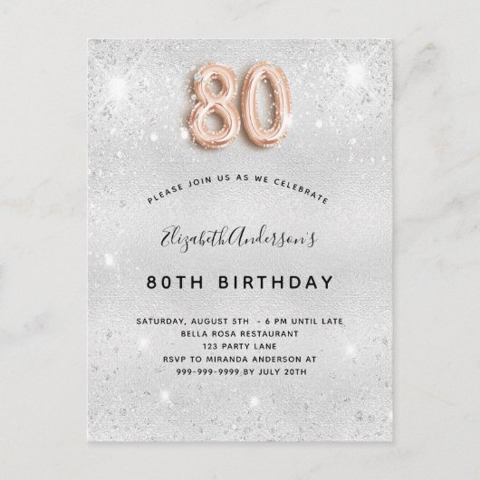 80ste verjaardag zilveren metaal roze goud glitter uitnodiging briefkaart (Voorkant)