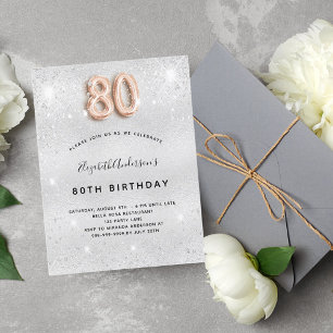 80ste verjaardag zilveren metaal roze goud glitter uitnodiging briefkaart