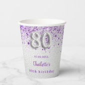 80ste verjaardag zilveren paarse glitter naam papieren bekers (Voorkant)