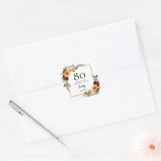 80ste verjaardag zonnebloemen dank u vierkante sticker (Envelop)