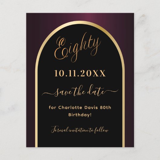 80ste verjaardag zwart bordeauxrood budget save th flyer (Voorkant)