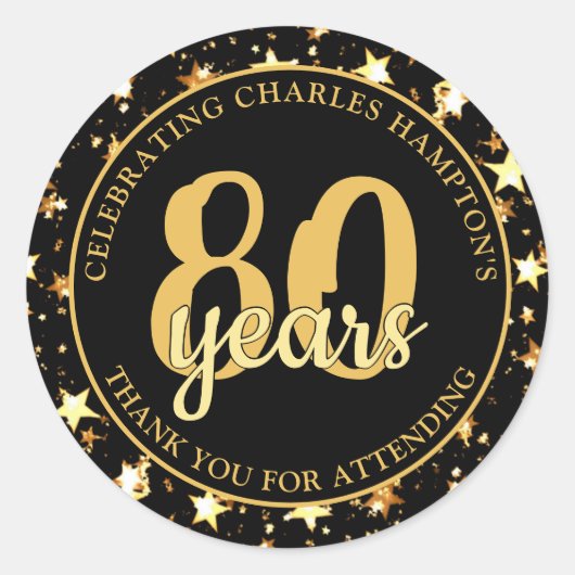 80ste verjaardag Zwart en Goud Sterren DANK JE WEL Ronde Sticker (Voorkant)