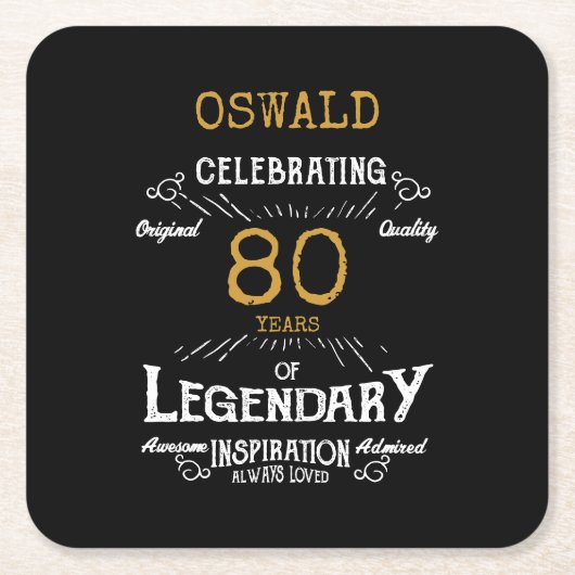 80ste verjaardag zwart goud legendarische retro kartonnen onderzetters (Voorkant)