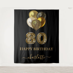 80ste verjaardag zwart goud luipaard naam schrift wandkleed