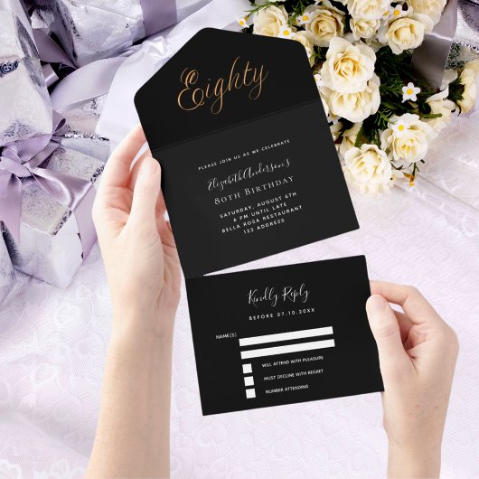 80ste verjaardag zwart goud script RSVP All In One Uitnodiging
