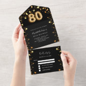 80ste verjaardag zwart goud sterren RSVP All In One Uitnodiging (Afscheurbaar)