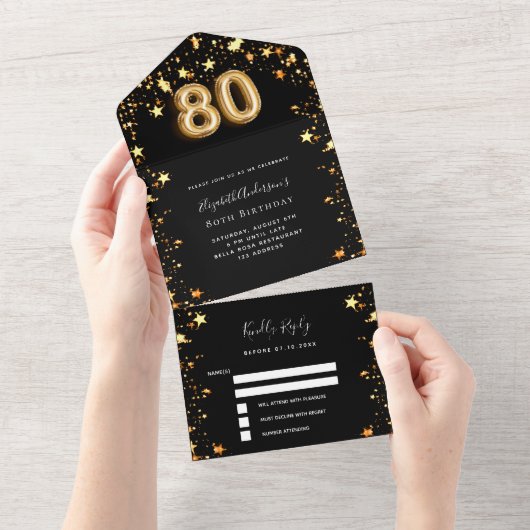 80ste verjaardag zwart goud sterren RSVP All In One Uitnodiging (Afscheurbaar)