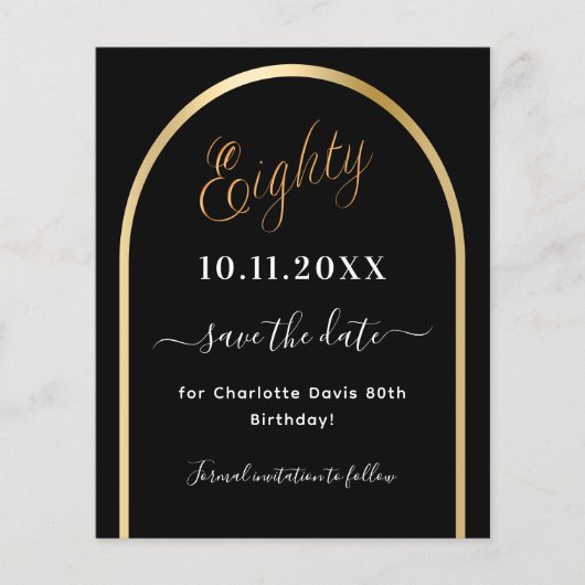 80ste verjaardag zwart gouden boog budget save the flyer (Voorkant)