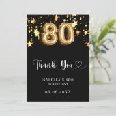 80ste verjaardag zwart gouden sterren bedankkaart (Staand voorkant)