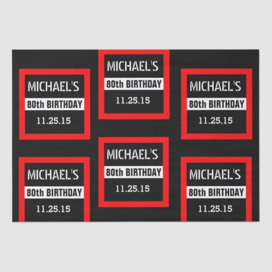 80ste Verjaardag Zwart met Rood Lijst Custom A01E3 Tissuepapier (Voorkant)