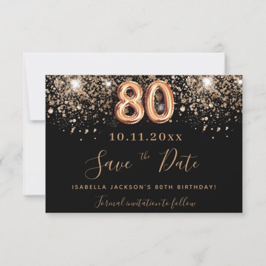 80ste verjaardag zwart roos goud glitter sparkles save the date (Voorkant)