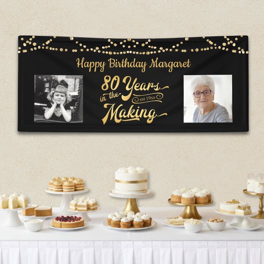 80ste verjaardag Zwarte Gouden Slingerlichten Foto Spandoek