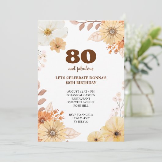 80ste verjaardagsfeest Elegante bloemen Uitnodigin Kaart (Staand voorkant)