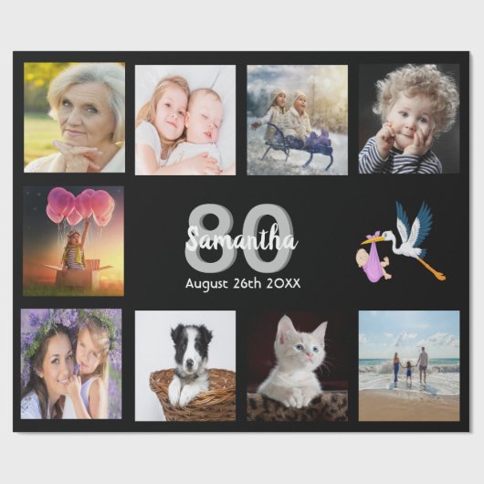 80ste verjaardagsfeest foto collage vrouw zwart cadeaupapier (Vlak)