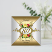 80ste Verjaardagsfeest Goud rode gele Rozen Kaart (Staand voorkant)