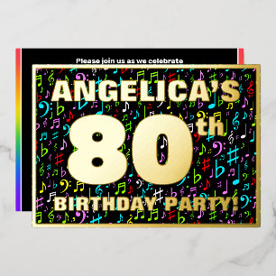 80ste verjaardagsfeest — Leuke, kleurrijke muziek Folie Uitnodiging