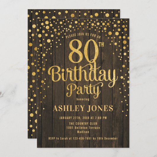 80ste Verjaardagsfeest - Rustiek Hout & Goud Kaart (Voorkant / Achterkant)