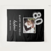 80ste verjaardagsfeest zwart fotonaam man wandkleed (Voorkant (horizontaal))