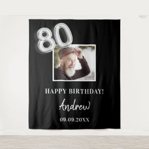80ste verjaardagsfeest zwart fotonaam man wandkleed