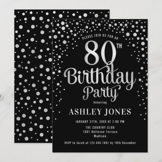 80ste Verjaardagsfeest - Zwart & Zilver Kaart (Voorkant / Achterkant)