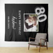 80ste verjaardagsfeest zwarte fotonaam man wandkleed (In Situ (horizontaal))