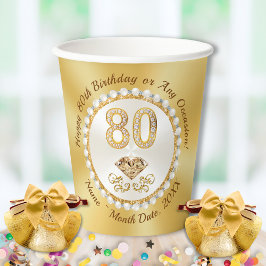 80ste verjaardagsfeestbekers, ivoren parels, goud, papieren bekers