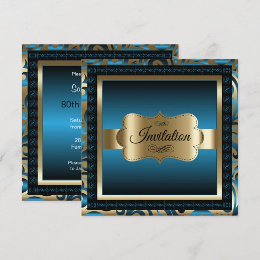 80ste verjaardagsfeestje | Blauw Metallic & Goud Kaart (Voorkant / Achterkant)