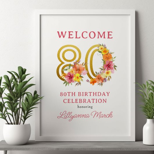 80ste verjaardagsfeestje Bloemen Goud Nummer 80 We Poster