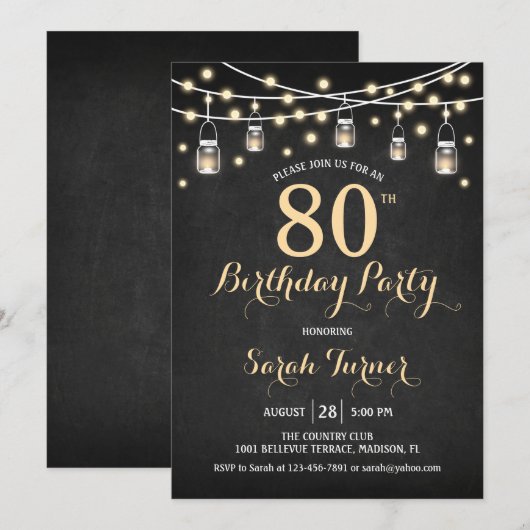 80ste verjaardagsfeestje - Chalkboard Gold Kaart (Voorkant / Achterkant)