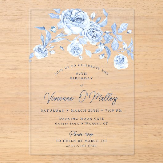 80ste verjaardagsfeestje Dusty Blue Floral Acryl Uitnodigingen (Voorkant)