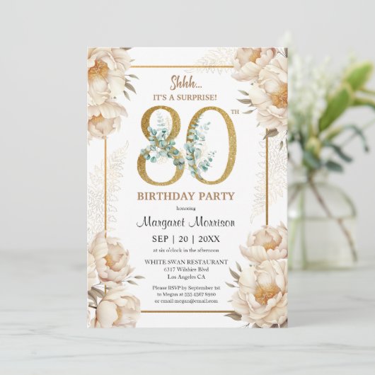 80ste verjaardagsfeestje Elegante witte pioen bloe Kaart (Staand voorkant)