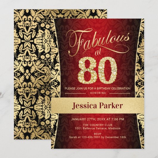 80ste verjaardagsfeestje - Goud Rood Zwart Kaart (Voorkant / Achterkant)