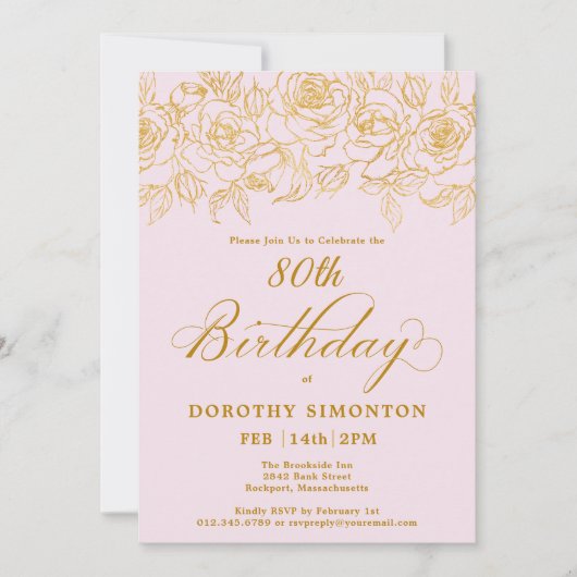 80ste verjaardagsfeestje Goud Roos Bloesem Roze Kaart (Voorkant)