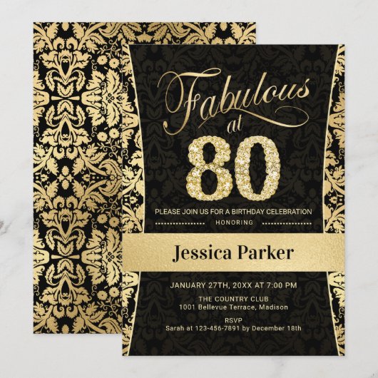 80ste verjaardagsfeestje - Goud Zwart Kaart (Voorkant / Achterkant)