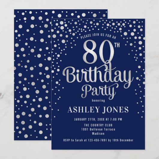 80ste verjaardagsfeestje - Marine & Zilver Kaart (Voorkant / Achterkant)