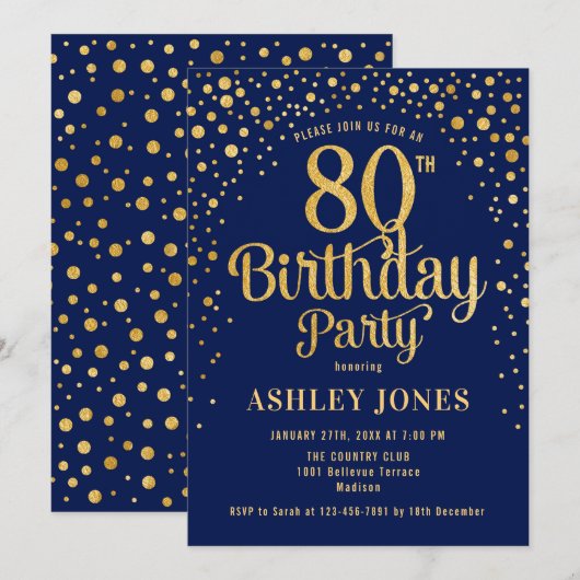 80ste verjaardagsfeestje - Navy & Gold Kaart (Voorkant / Achterkant)