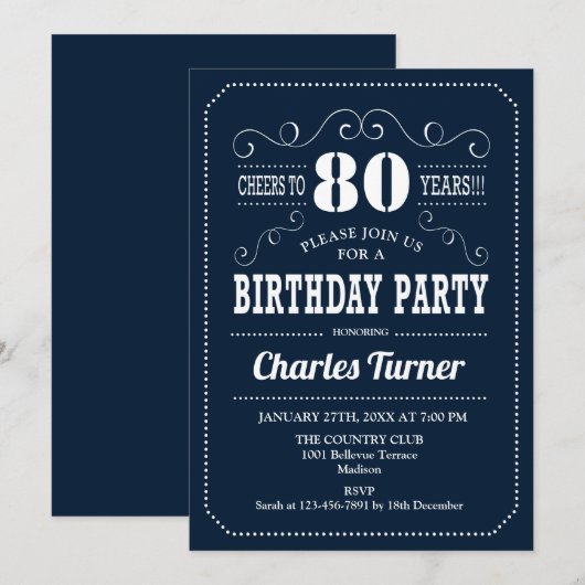 80ste verjaardagsfeestje - Navy White Kaart (Voorkant / Achterkant)