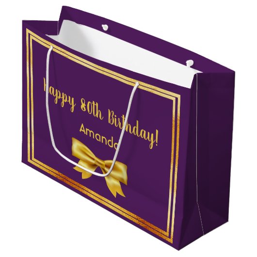 80ste verjaardagsfeestje paarse gouden naam boog e groot cadeauzakje (Voorkant Gekanteld)