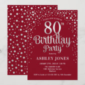 80ste verjaardagsfeestje - Rood & Zilver Kaart (Voorkant / Achterkant)