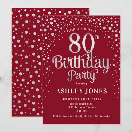80ste verjaardagsfeestje - Rood & Zilver Kaart (Voorkant / Achterkant)