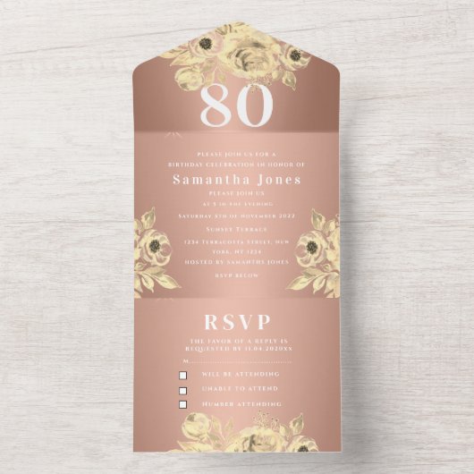 80ste verjaardagsfeestje Roos Goud Bold Chic Moder All In One Uitnodiging (Binnen)