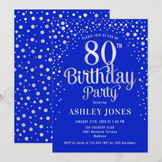 80ste verjaardagsfeestje - Royal Blue & Silver Kaart (Voorkant / Achterkant)