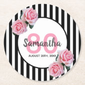80ste verjaardagsfeestje roze bloemen zwarte strep ronde kartonnen onderzetter (Voorkant)