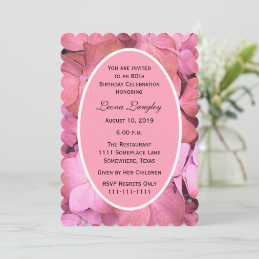 80ste verjaardagsfeestje roze gescalpeerde hortens kaart (Staand voorkant)