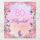 80ste verjaardagsfeestje roze violette bloemen wijn etiket (Enkel label)