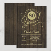 80ste verjaardagsfeestje - rustiek hout goud kaart (Voorkant / Achterkant)